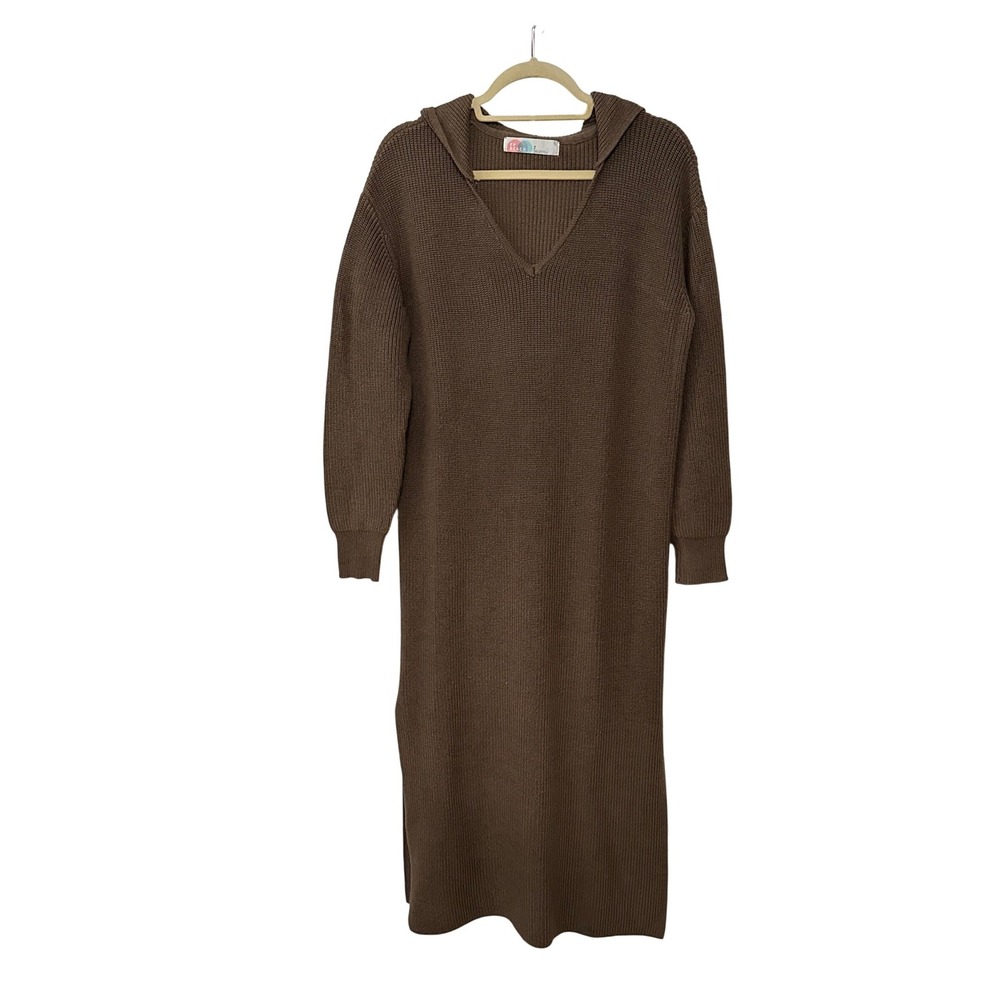 Free People FP Beach Brown Hooded Ribbed Knit Midi Sweater Dress Small